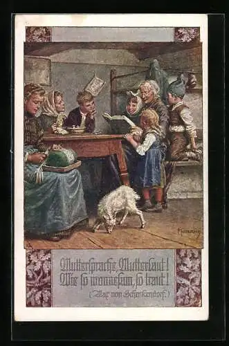 Künstler-AK Kuderna: Muttersprache, Mutterlaut, Grossmutter liest Märchen vor