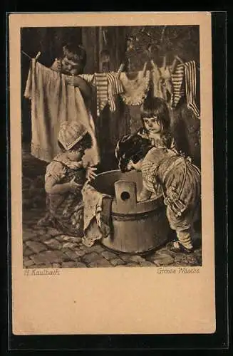 Künstler-AK Hermann Kaulbach: Grosse Wäsche, Kinder waschen die Wäsche