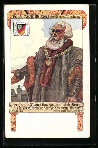 Künstler-AK Karl Alex Wilke: Nürnberg, Meistersinger Hans Sachs im Mantel mit Amulett