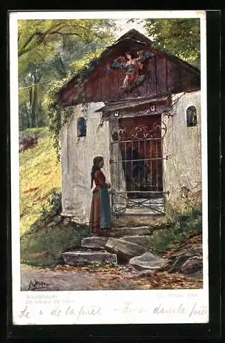 Künstler-AK Josef Straka: Waldandacht, Kapelle im Dickicht