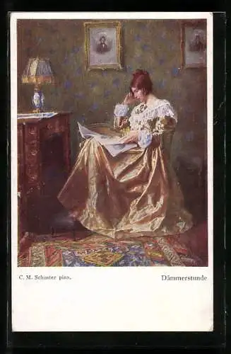 Künstler-AK M. Munk Nr. 1130: Dame im ausladenden Kleid in der Denkerpose