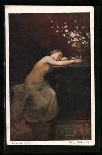 Künstler-AK Josef Straka: Trauernde Psyche mit blühenden Zweigen
