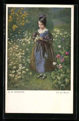 Künstler-AK Karl Maria Schuster: Kleines Mädchen pflückt Blumen für die Mutter
