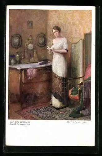 Künstler-AK Brüder Kohn (B.K.W.I) Nr.1670: Frau im weissen Kleid vor dem Empfang