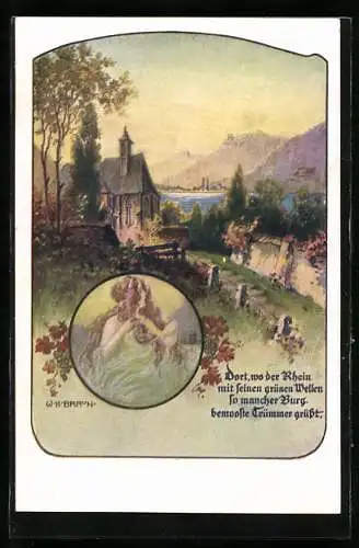 Künstler-AK W. Braun: Kirche am Rhein