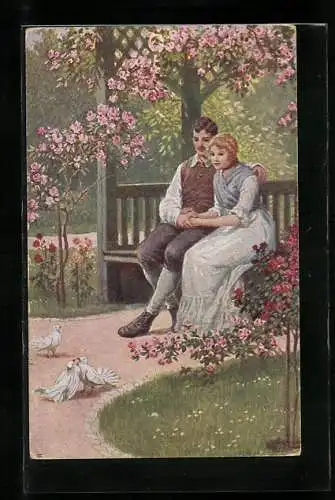 Künstler-AK C. Benesch: Paar auf Bank unter Rosenblüten