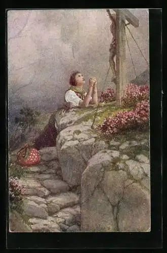 Künstler-AK C. Benesch: Glaube, Mädchen betet in den Bergen