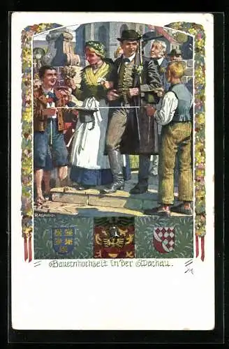 Künstler-AK R. Assmann: Bauernhochzeit in der Wachau, Wappen