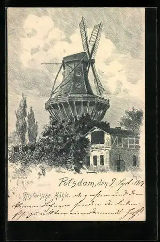Künstler-AK Carl Jander: Potsdam, historische Windmühle