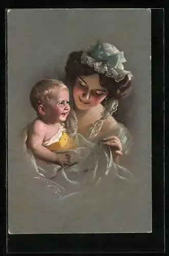 Künstler-AK Ludwig Knoefel: Mutter mit ihrem lachenden Baby