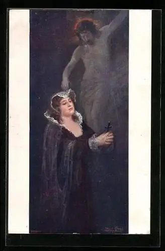 Künstler-AK Fr. Klimes: Gott hat mich erhört, Frau mit Rosenkranz