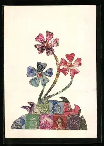 AK Blumen auf einer Wiese hergestellt aus einer Briefmarkencollage
