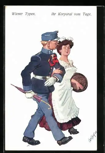 Künstler-AK Carl Josef Pollak: K.u.K.-Soldat und Dienstmädchen Arm in Arm