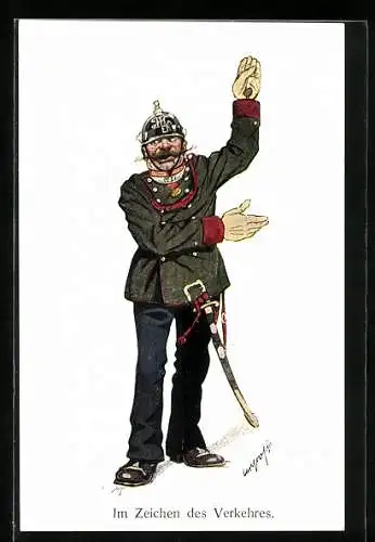 Künstler-AK Carl Josef Pollak: Im Zeichen des Verkehres. - Polizist regelt den Verkehr