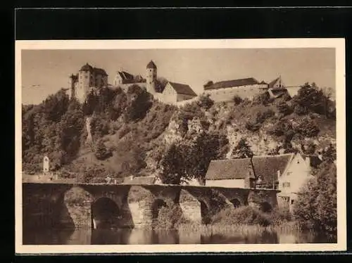 AK Harburg a. d. Wörnitz, Uferpartie mit Burg WHW Winterhilfswerk 1934-35