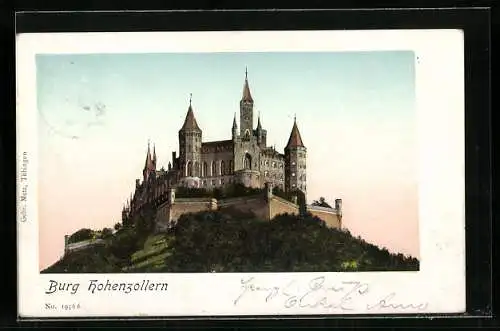 Goldfenster-AK Burg Hohenzollern mit leuchtenden Fenstern