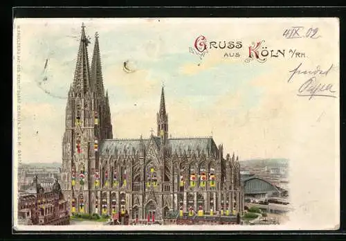 Lithographie Köln a /Rh., Dom und Bahnhof, Halt gegen das Licht: beleuchtete Fenster