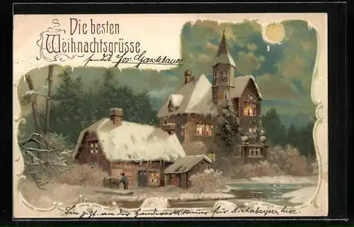 Lithographie Gebäude in mondheller Winternacht, Halt gegen das Licht: beleuchtete Fenster