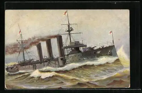 Künstler-AK Christopher Rave: Engl. Panzerkreuzer Kent in schwerer See, 1901