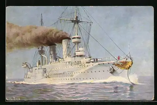 Künstler-AK Christopher Rave: Kriegsschiff S. M. Prinz Heinrich in voller Fahrt, 1900