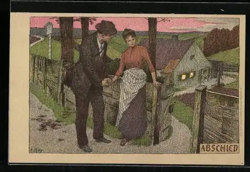 Künstler-Lithographie Paul Hey: Abschied, Paar nimmt traurig Abschied