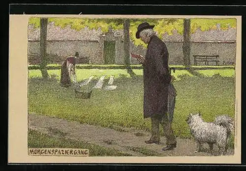 Künstler-Lithographie P. Hey: Morgenspaziergang, Mann mit Schirm und Hund, Frau mit Wäschekorb