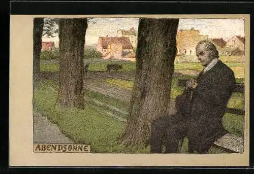 Künstler-Lithographie P. Hey: Abendsonne, Mann auf der Parkbank