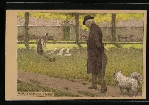 Künstler-Lithographie P. Hey: Morgenspaziergang, Mann mit Schirm und Hund, Frau mit Wäschekorb