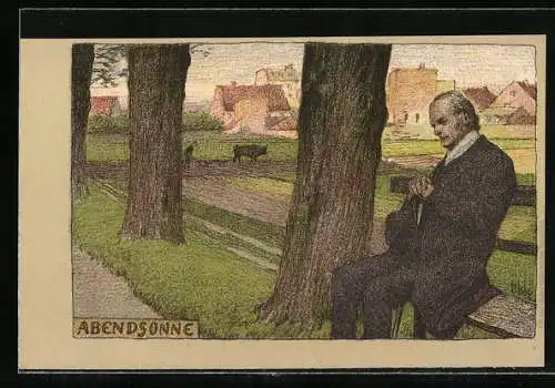 Künstler-Lithographie P. Hey: Mann auf der Parkbank geniesst die Abendsonne