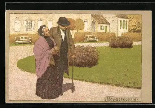 Künstler-Lithographie Paul Hey: Altes Paar beim Spaziergang in der Herbstsonne