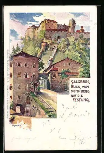 Künstler-AK Salzburg, Blick vom Nonnenberg auf die Festung Hohensalzburg