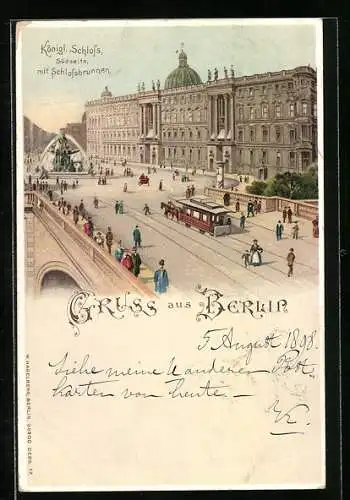 Lithographie Berlin, Königl. Schloss mit Schlossbrunnen