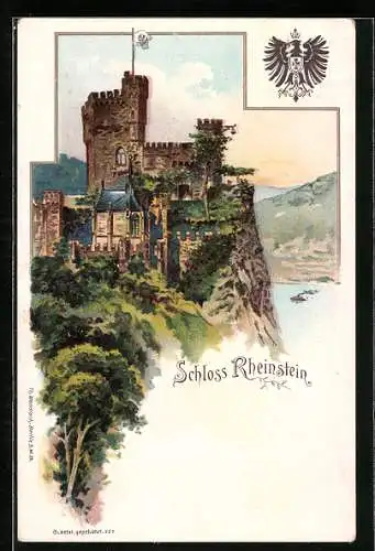 Lithographie Trechtingshausen, Schloss Rheinstein