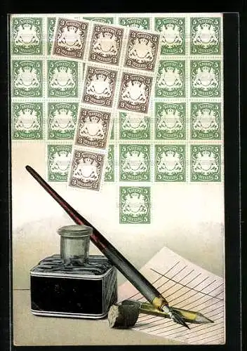 AK Bayerische Briefmarken und Tintenfass mit Tintenfeder