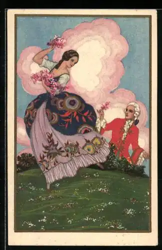 AK Barockes Paar auf einer Wiese, Art Deco