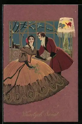 AK Paar mit Mistelzweig, Art Deco