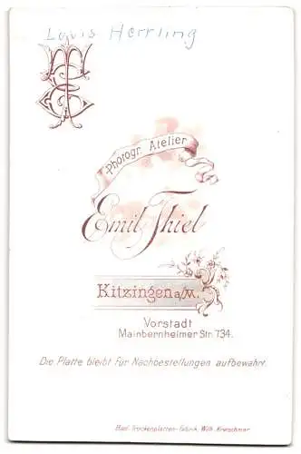 Fotografie Emil Thiel, Kitzingen a. M., Mainbernheimer Str. 734, Louis Herrling im eleganzen Anzug mit Schnurrbart
