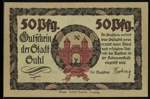 Notgeld Suhl, 50 Pfennig, Stadttor, zerschossenes Rathaus