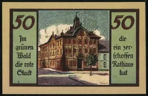 Notgeld Suhl, 50 Pfennig, Stadttor, zerschossenes Rathaus