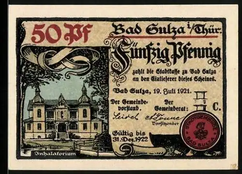 Notgeld Bad Sulza 1921, 50 Pfennig, Inhalatorium, Trinkhalle