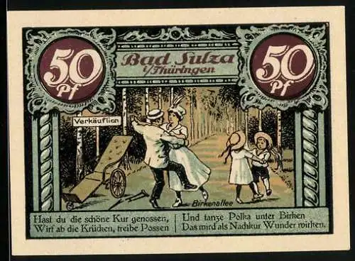 Notgeld Bad Sulza 1921, 50 Pfennig, Birkenallee mit tanzenden Paaren, Gradierhaus