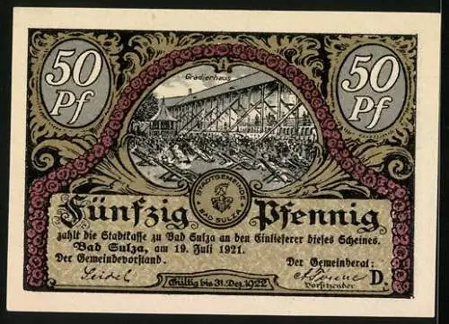Notgeld Bad Sulza 1921, 50 Pfennig, Birkenallee mit tanzenden Paaren, Gradierhaus
