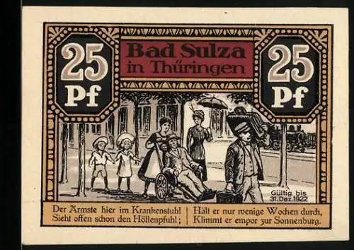 Notgeld Bad Sulza 1921, 25 Pfennig, Mann im Krankenstuhl, Sonnenburg