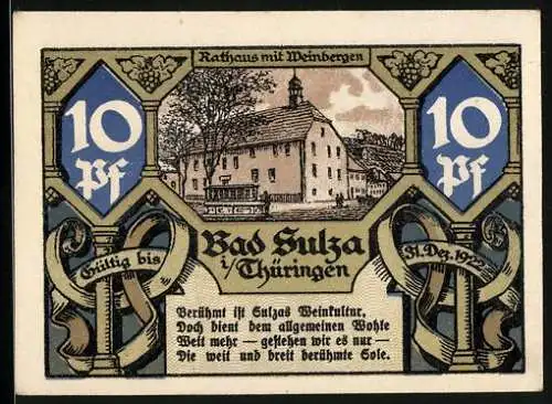 Notgeld Bad Sulza 1921, 10 Pfennig, Rathaus mit Weinbergen, Technikum