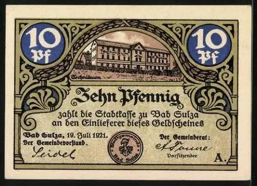 Notgeld Bad Sulza 1921, 10 Pfennig, Rathaus mit Weinbergen, Technikum