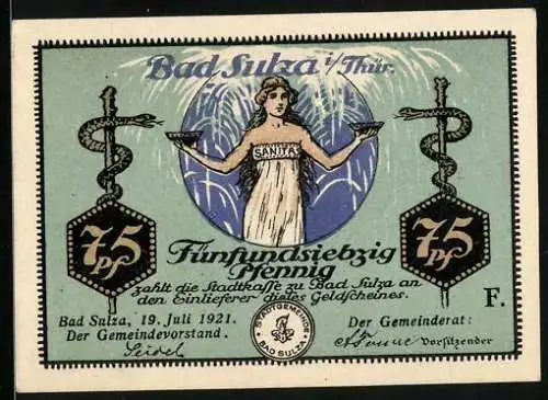 Notgeld Bad Sulza 1921, 75 Pfennig, Frau Sanitas, Karl Alexander Sophienquelle