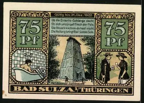 Notgeld Bad Sulza 1921, 75 Pfennig, Frau Sanitas, Karl Alexander Sophienquelle