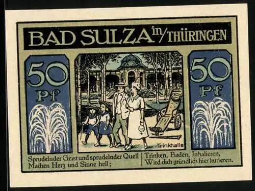 Notgeld Bad Sulza 1921, 50 Pfennig, Familie an der Trinkhalle, Inhalatorium