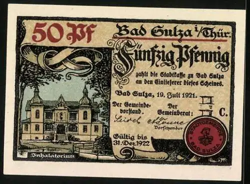 Notgeld Bad Sulza 1921, 50 Pfennig, Familie an der Trinkhalle, Inhalatorium