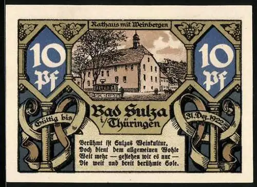 Notgeld Bad Sulza 1921, 10 Pfennig, Rathaus mit Weinbergen, Technikum